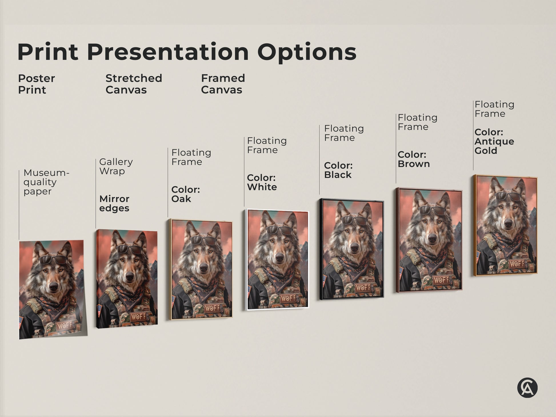Print Presentation Options for Military Wolf Art. Choose between poster prints stretched canvas and framed canvas options. Floating frame choices include oak white black brown and antique gold. Get photorealistic sunglasses wolf artwork perfect for man cave decor and unique home decor gifts. Showcases eclectic rugged animal art