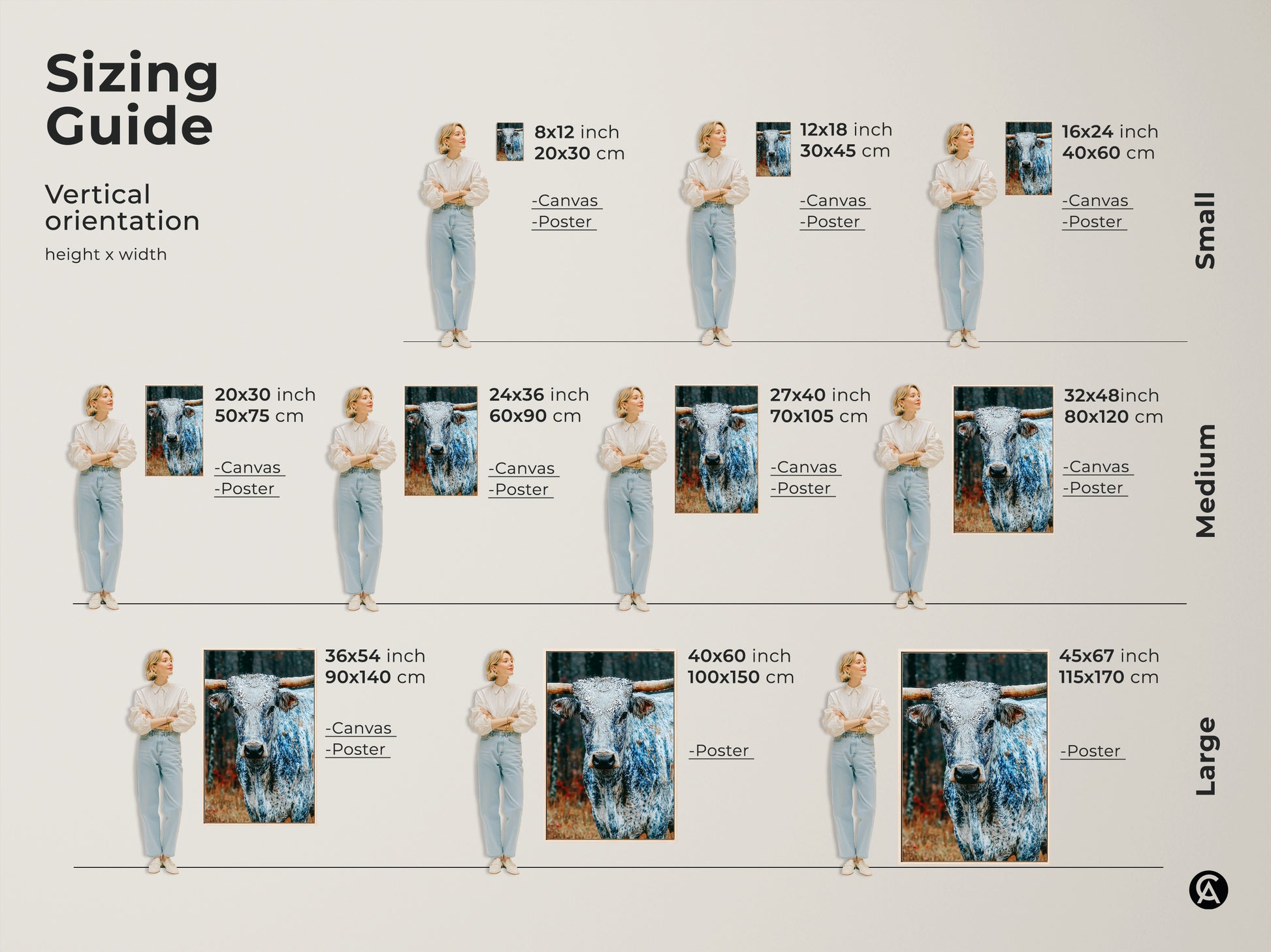 Sizing guide for vertical Longhorn artwork. Sizes range from small to large. Options include canvas and poster prints. Visualize the artwork in different dimensions. Find the ideal fit for your wall.