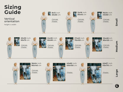 Sizing guide for vertical Longhorn artwork. Sizes range from small to large. Options include canvas and poster prints. Visualize the artwork in different dimensions. Find the ideal fit for your wall.