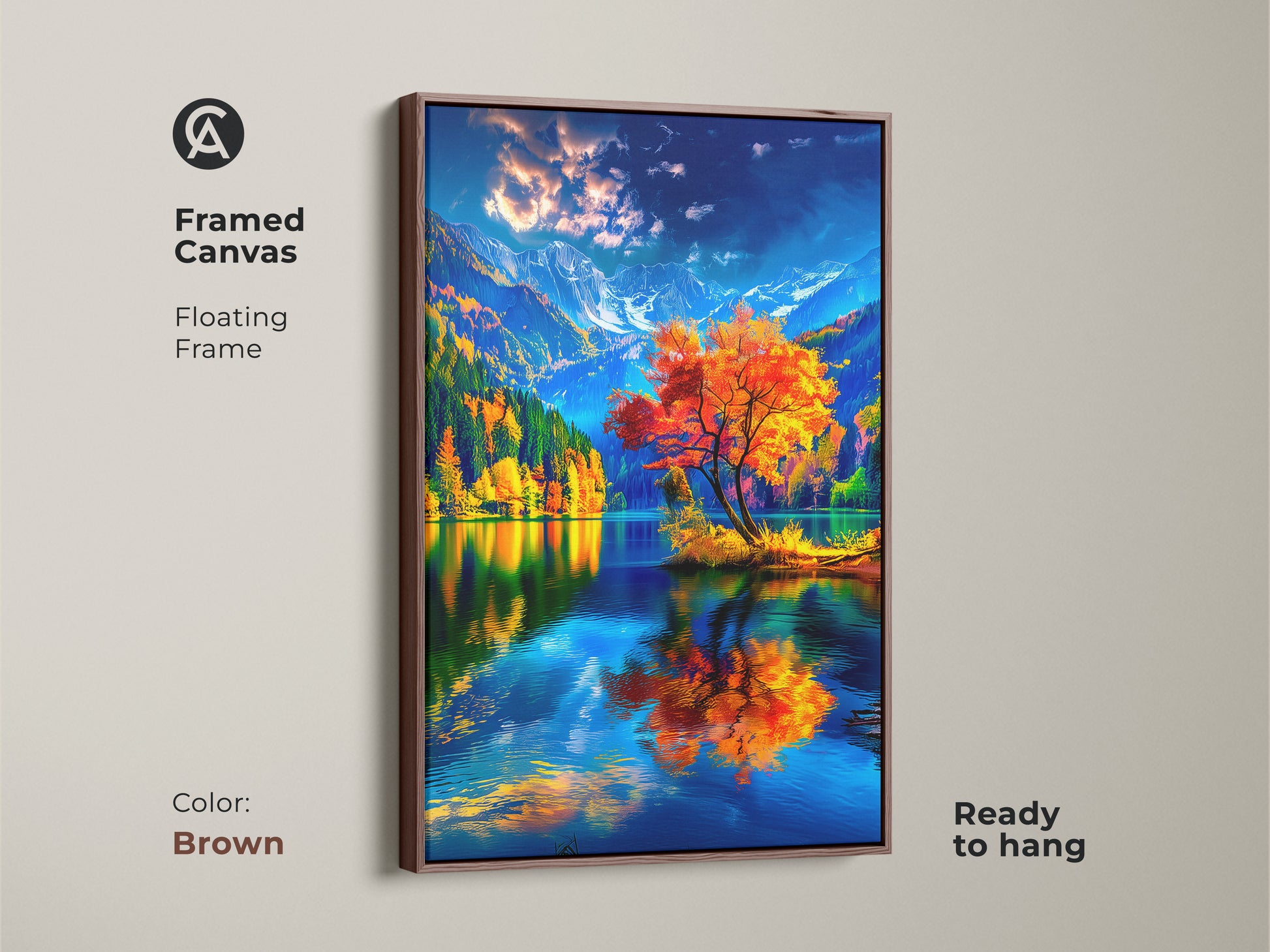Add warmth to your space with this framed canvas art. The brown floating frame showcases a beautiful autumn scene. A vibrant orange tree is reflected in the calm lake. The snow-capped mountains add a touch of grandeur. Ready to hang. This artwork is perfect for any room. Buy now to elevate your home decor.