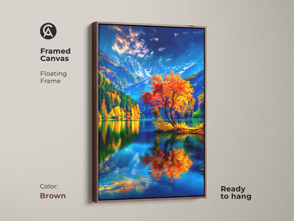 Add warmth to your space with this framed canvas art. The brown floating frame showcases a beautiful autumn scene. A vibrant orange tree is reflected in the calm lake. The snow-capped mountains add a touch of grandeur. Ready to hang. This artwork is perfect for any room. Buy now to elevate your home decor.