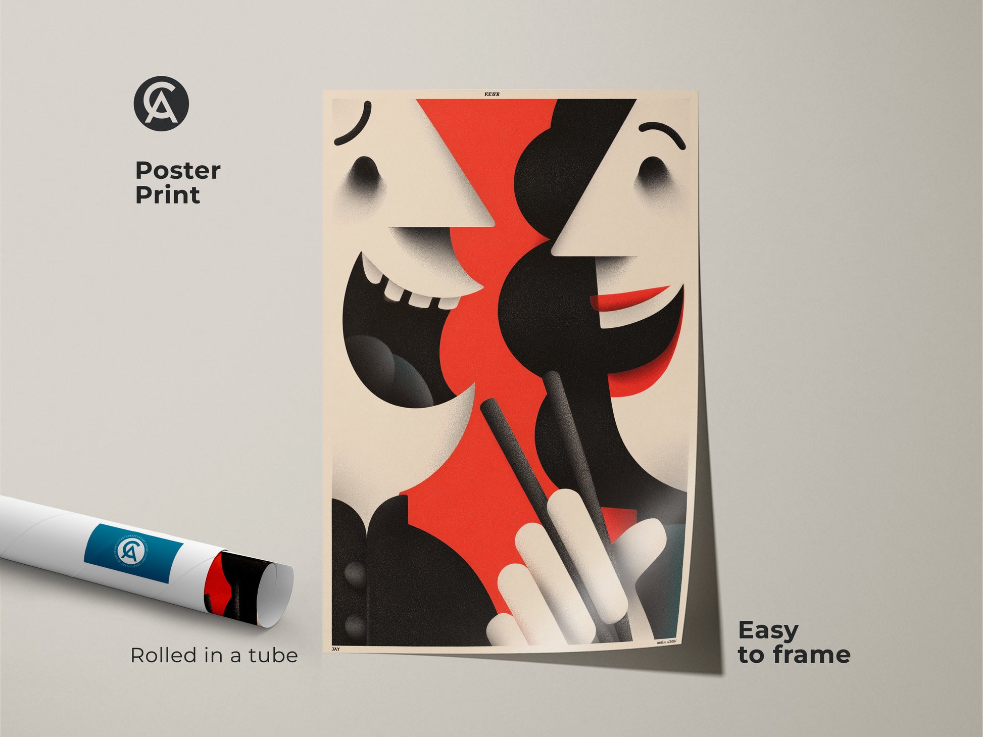 Easy to frame abstract face poster print. This modern art is rolled in a tube for protection. The figurative artwork features red black and beige tones perfect for a contemporary space.