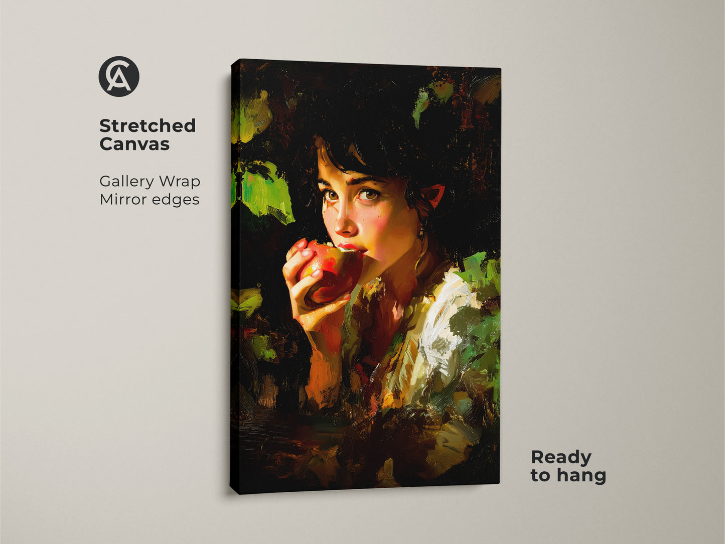 Stretched canvas gallery wrap of the Chiaroscuro Apple Girl Art. Mirror edges enhance the deep reds and earthy tones of this impressionist portrait. Ready to hang this canvas adds eclectic home decor art to any room. A perfect housewarming gift for art lovers.
