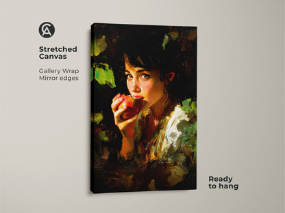 Stretched canvas gallery wrap of the Chiaroscuro Apple Girl Art. Mirror edges enhance the deep reds and earthy tones of this impressionist portrait. Ready to hang this canvas adds eclectic home decor art to any room. A perfect housewarming gift for art lovers.