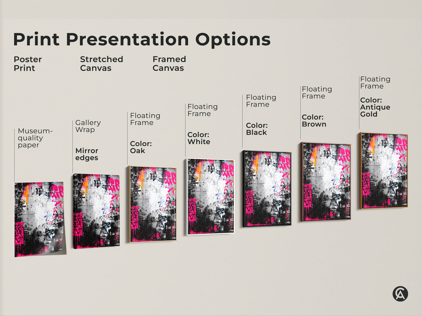 Explore print presentation options for graffiti artwork. Choose from poster print stretched canvas or framed canvas. Each offers museum-quality detail with vibrant colors and urban style.