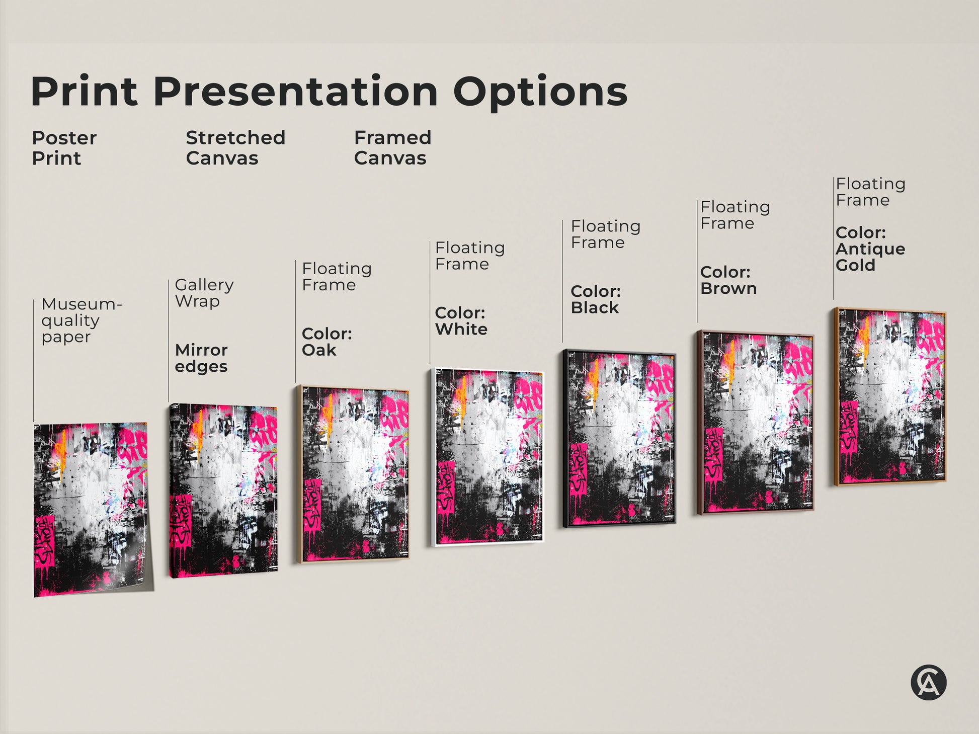 Explore print presentation options for graffiti artwork. Choose from poster print stretched canvas or framed canvas. Each offers museum-quality detail with vibrant colors and urban style.