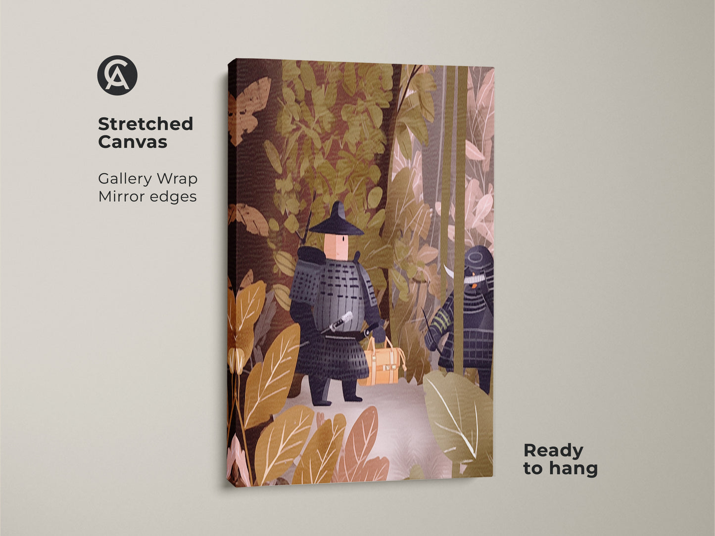 Stretched canvas art showcases samurai warriors. The gallery wrap and mirror edges enhance the minimalist warrior art. This earthy brown art print is ready to hang. Ideal for a nature-inspired office wall art print