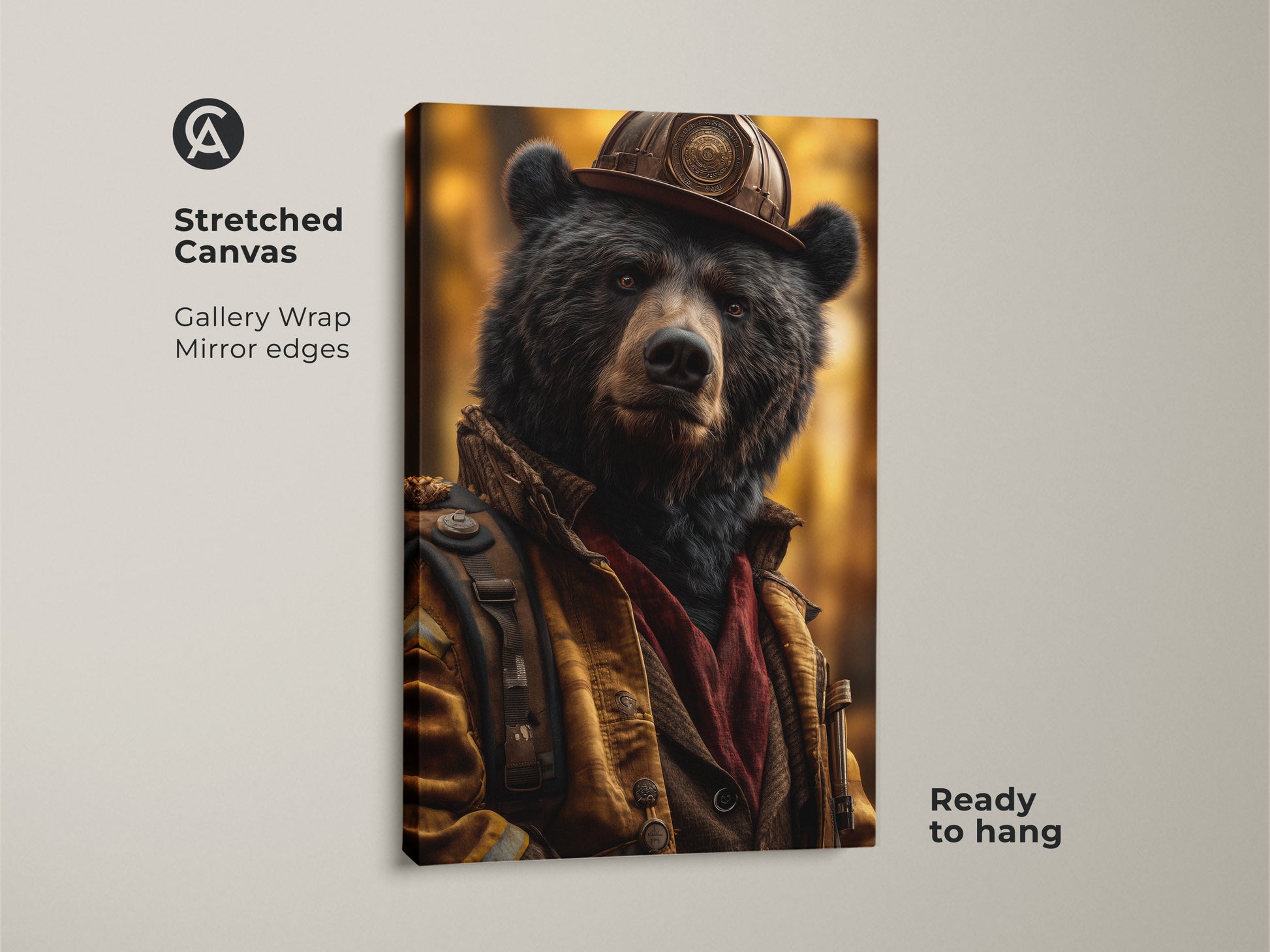 A stretched canvas of wildlife nature artwork is displayed. The realistic animal portrait shows a bear dressed as a firefighter. Its a unique gift for men who are bear enthusiasts. Add an eclectic touch to your home decor with this unique canvas.