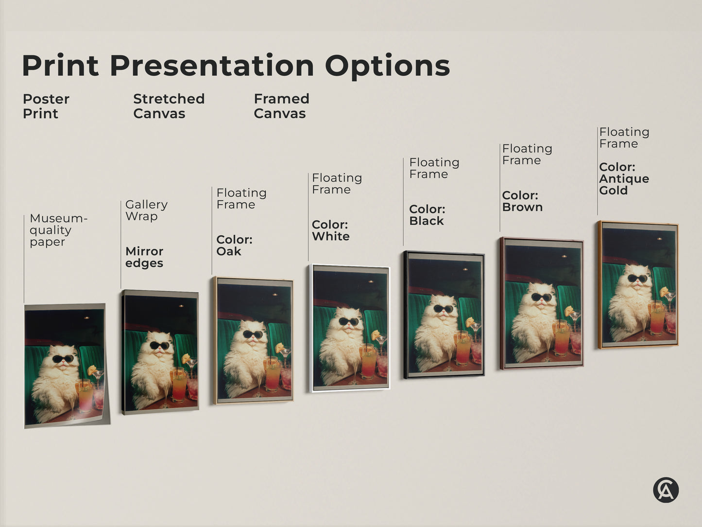 Explore print presentation options for the cool cat art. Choose from poster prints stretched canvas or framed canvas. Each option showcases the unique artwork of a cat wearing sunglasses enjoying cocktails. Find the perfect style.