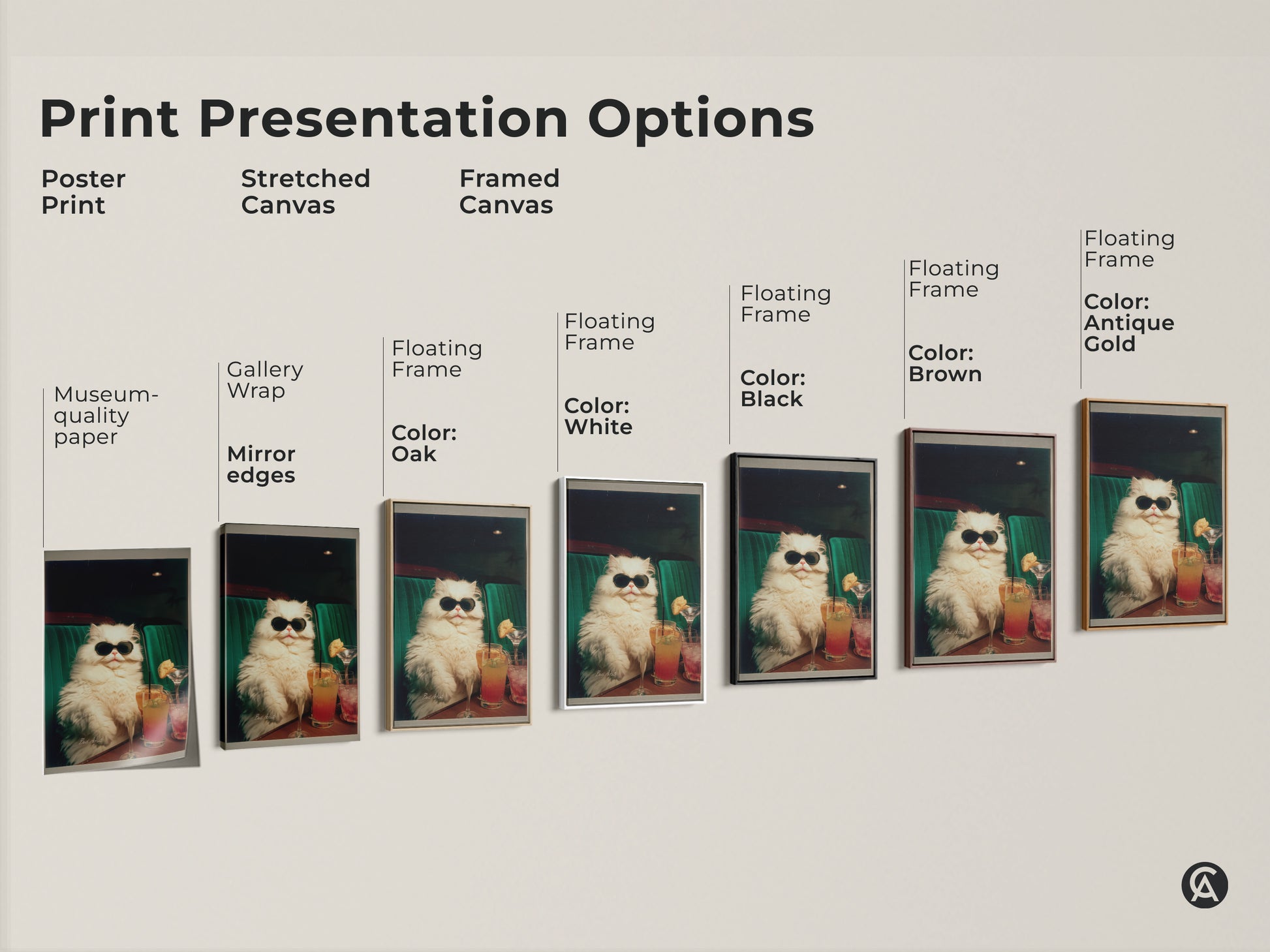 Explore print presentation options for the cool cat art. Choose from poster prints stretched canvas or framed canvas. Each option showcases the unique artwork of a cat wearing sunglasses enjoying cocktails. Find the perfect style.