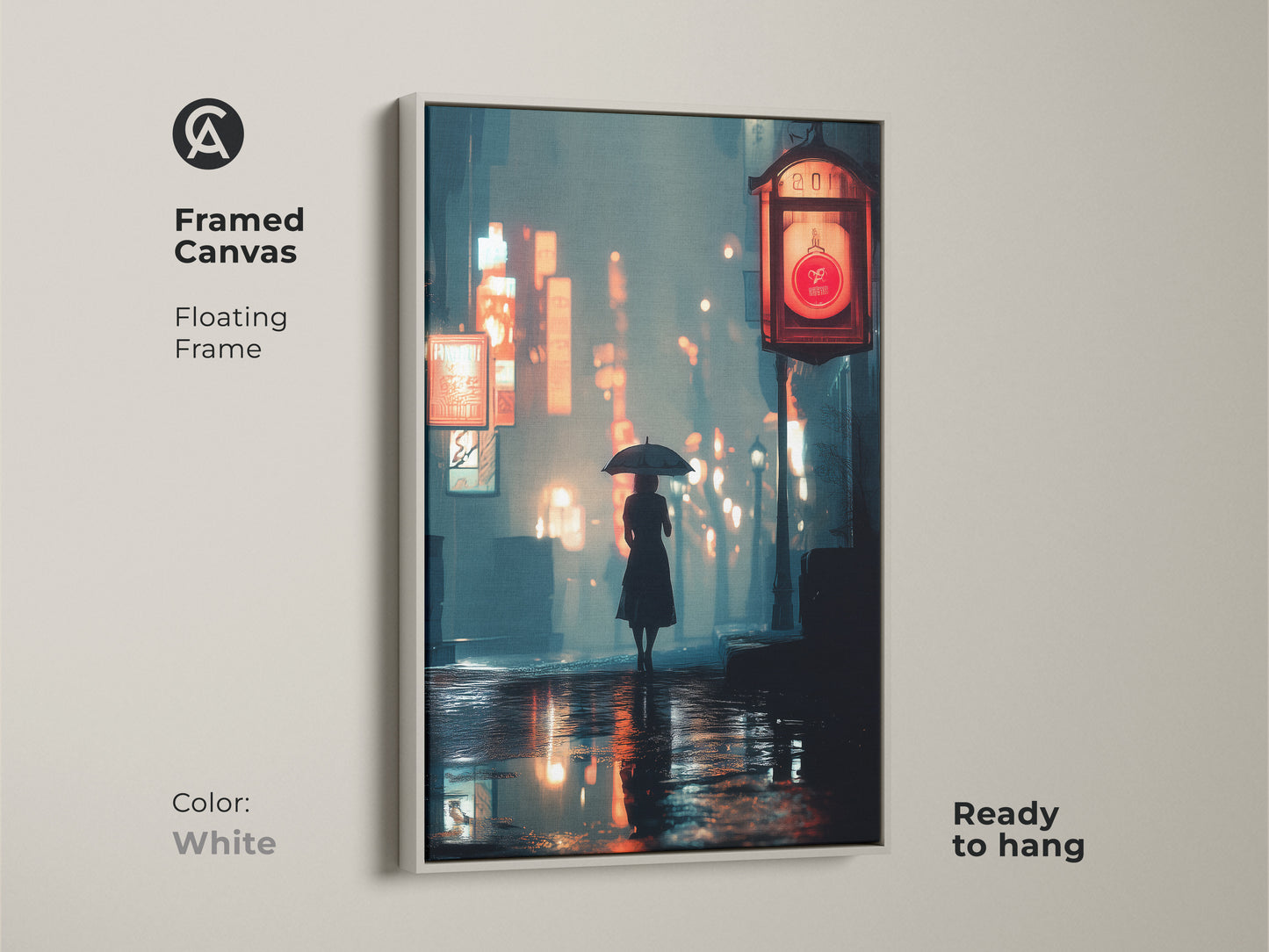 White framed canvas of a cinematic cityscape. A woman with an umbrella walks in the rain. The deep blue orange teal colors create a moody ambiance. This urban nightlife print is perfect for contemporary homes. Ready to hang.