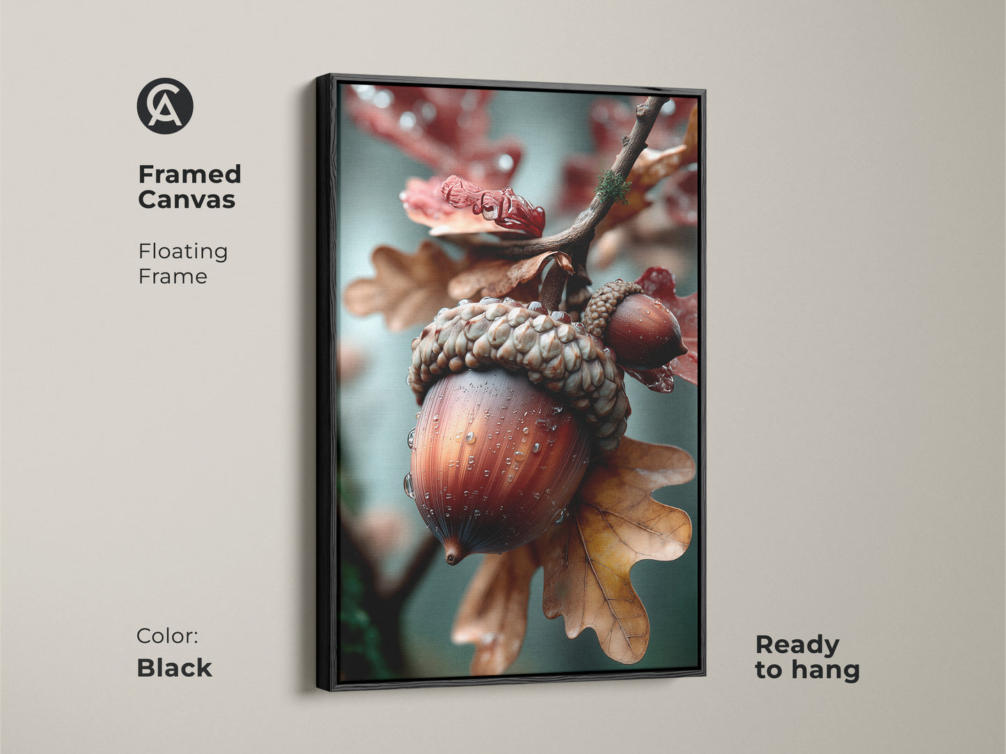 Framed canvas art in a black floating frame features an acorn. The ready-to-hang artwork is a sophisticated addition to any room. The neutral color palette complements various decor styles. This framed piece brings the beauty of nature indoors.
