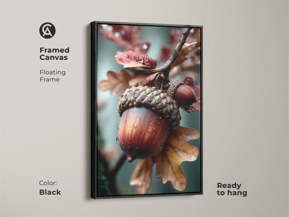 Framed canvas art in a black floating frame features an acorn. The ready-to-hang artwork is a sophisticated addition to any room. The neutral color palette complements various decor styles. This framed piece brings the beauty of nature indoors.