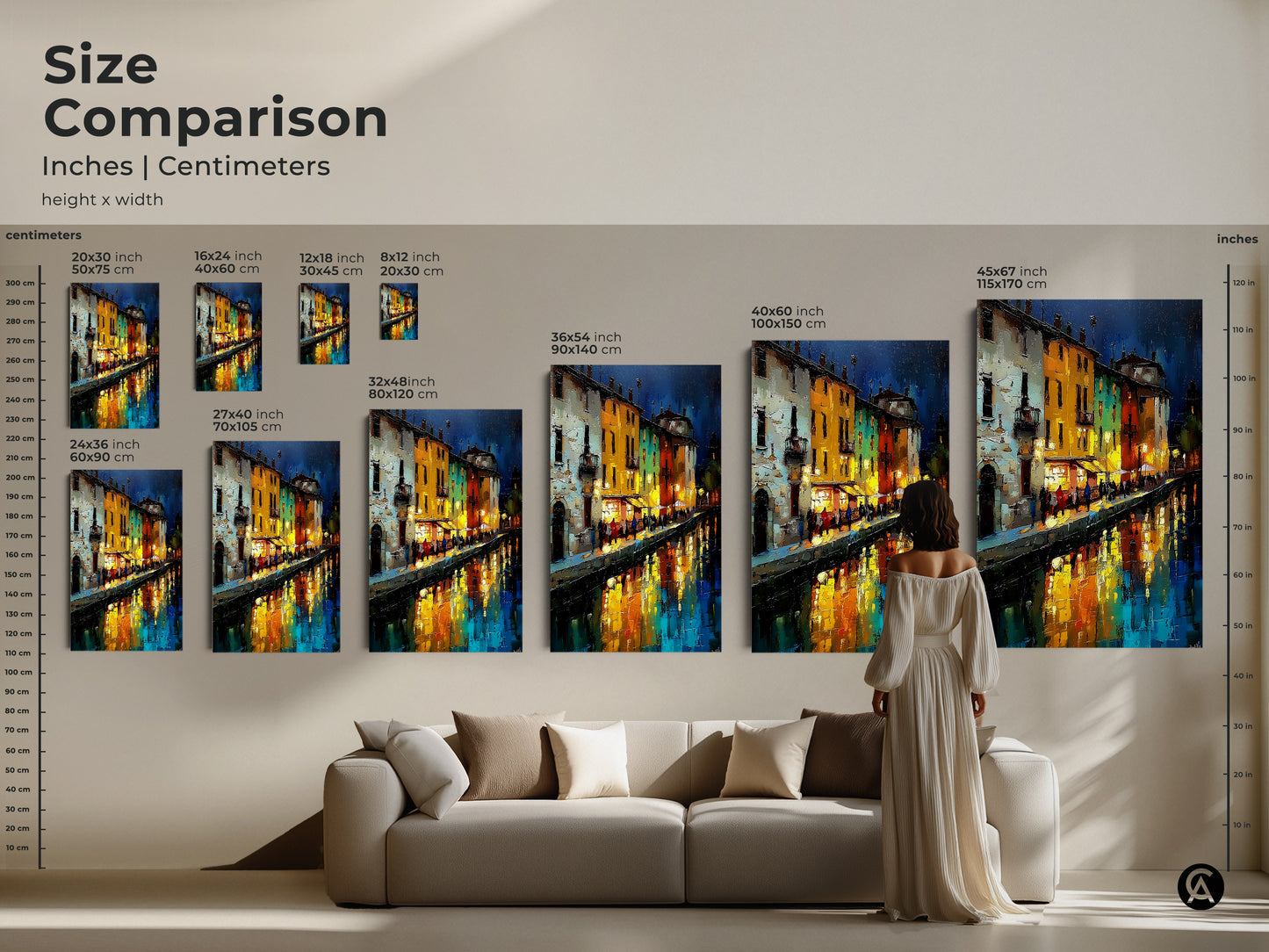 Size Comparison Inches | Centimeters height x width of a Night Cityscape. European canal houses artwork on canvas or poster. This makes a great housewarming gift. The art for wanderlust brings eclectic home decor to any apartment living room.