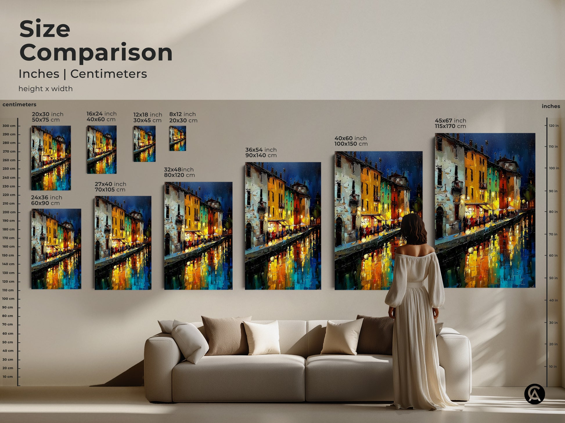 Size Comparison Inches | Centimeters height x width of a Night Cityscape. European canal houses artwork on canvas or poster. This makes a great housewarming gift. The art for wanderlust brings eclectic home decor to any apartment living room.