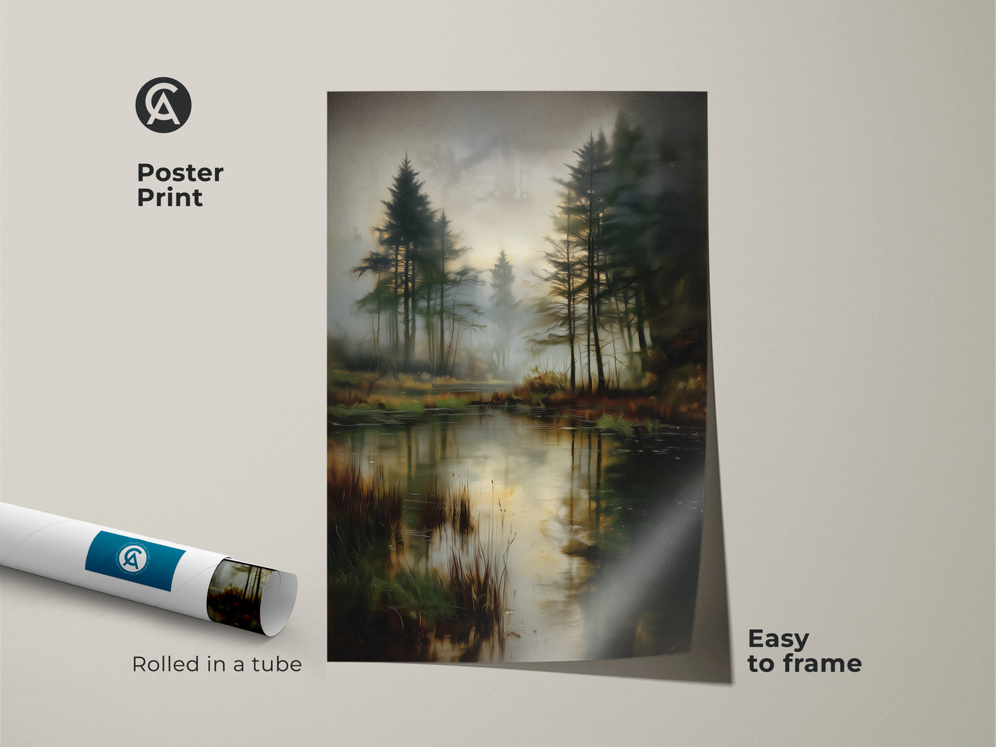 Poster print of a misty forest lake rolled in a tube. The deep green nature artwork is easy to frame. This peaceful forest scenery captures the essence of nature. Earthy brown tones create a calm atmosphere for your space.