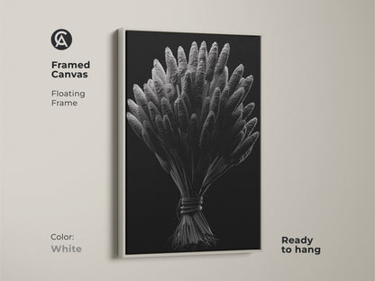 Framed canvas with wheat botanical illustration. The floating frame is white. This offers a clean modern look. The black background enhances the artwork. It is ready to hang.