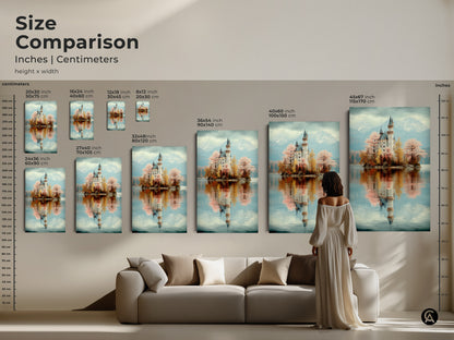 Size Comparison of Muted Teal Castle Canvas Print. View various sizes of the artwork in inches and centimeters. See how it looks above a sofa. Perfect for bedroom castle artwork.