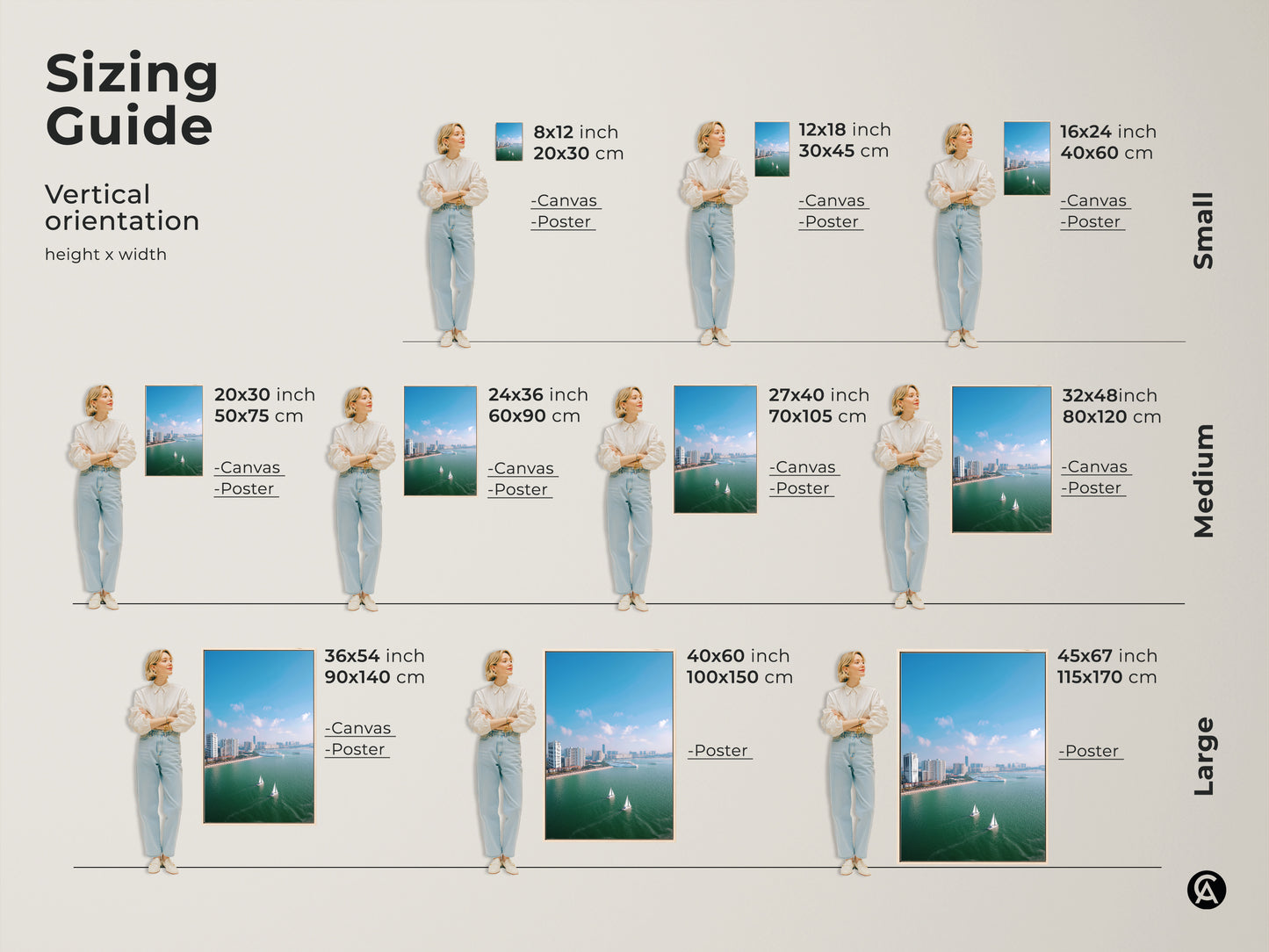 Sizing guide for aerial cityscape artwork with sailboats. Visualize various canvas and poster sizes. This guide helps you choose the perfect dimensions for your space. Select from small medium and large vertical orientations to suit your wall decor needs. Find the ideal fit for your modern travel art.