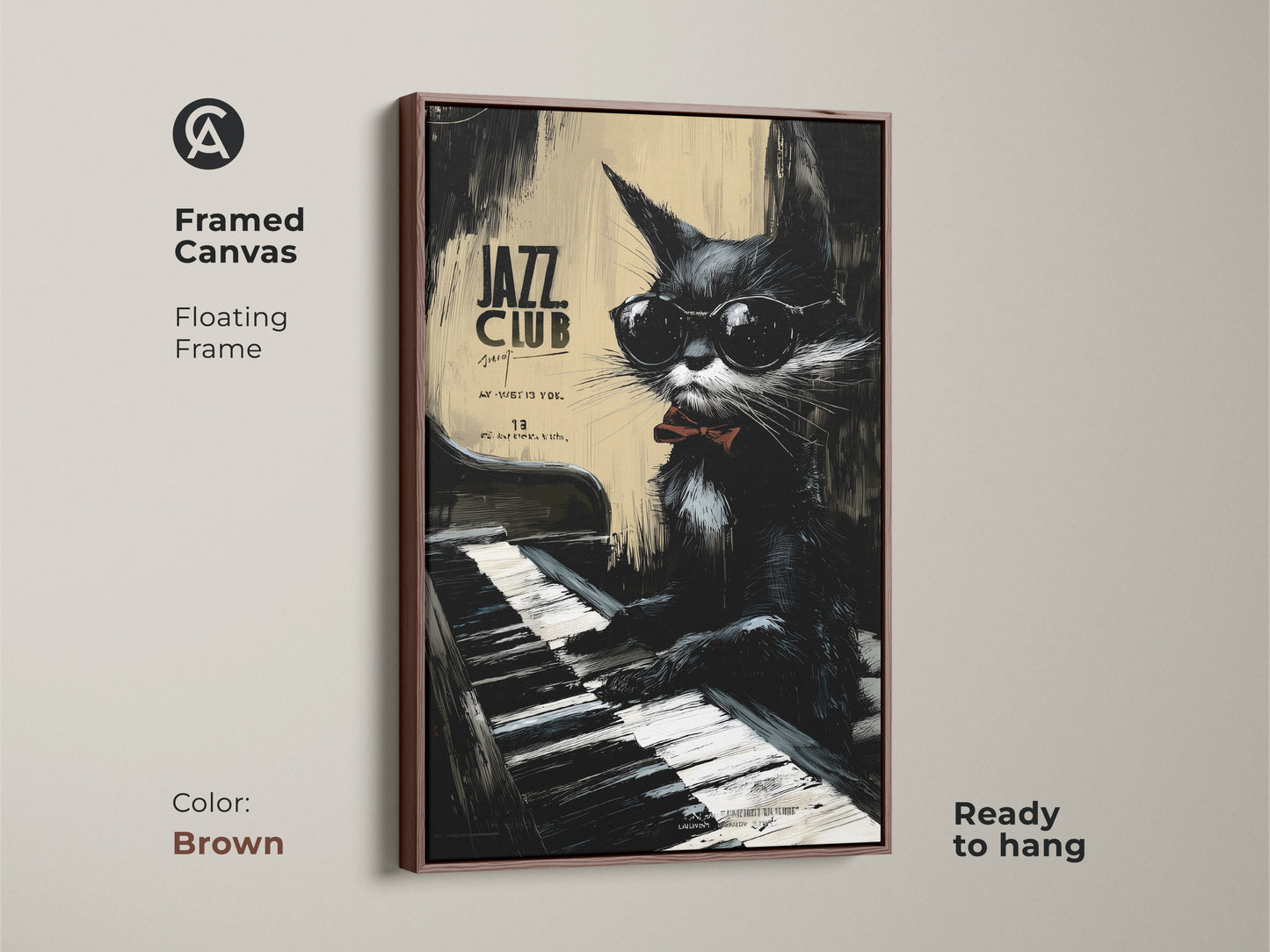 Framed canvas with a brown floating frame. It shows a cool cat playing piano at a jazz club. This stylish artwork is ready to hang. Perfect for adding a musical touch to your space.