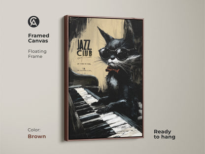 Framed canvas with a brown floating frame. It shows a cool cat playing piano at a jazz club. This stylish artwork is ready to hang. Perfect for adding a musical touch to your space.