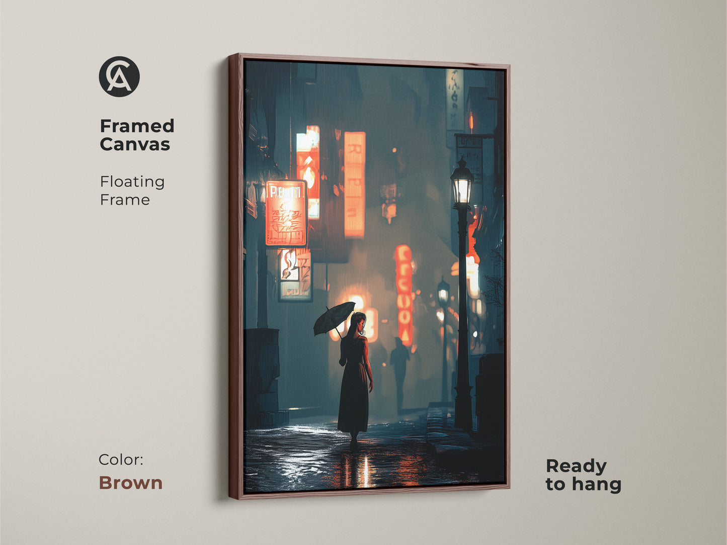 Framed canvas art showing a woman with umbrella in a neon city. The floating frame is brown. This moody street art print is ready to hang. The deep blue orange teal colors create an artistic city scene. Ideal for housewarming gift art.