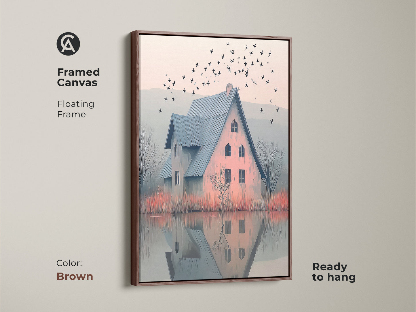 Brown framed canvas shows a farmhouse scene. A blue roof house is next to a misty lake with birds above. The floating frame is ready to hang. It's an excellent housewarming gift art.