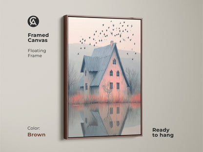 Brown framed canvas shows a farmhouse scene. A blue roof house is next to a misty lake with birds above. The floating frame is ready to hang. It's an excellent housewarming gift art.
