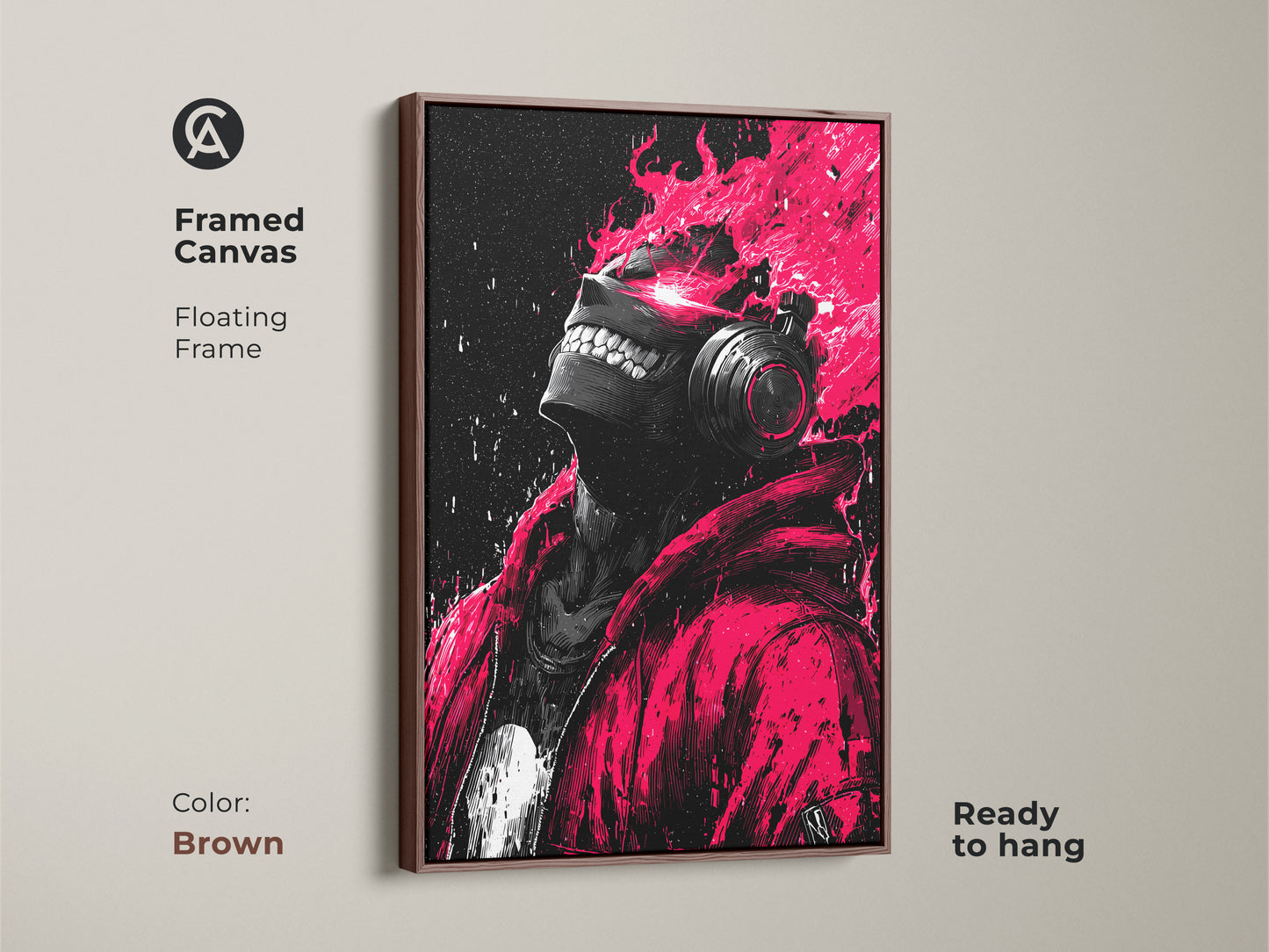 Framed canvas artwork with a brown floating frame is ready to hang. The artwork features a person wearing headphones with pink flames. This adds modern art to any room. Its ideal for contemporary art enthusiasts.