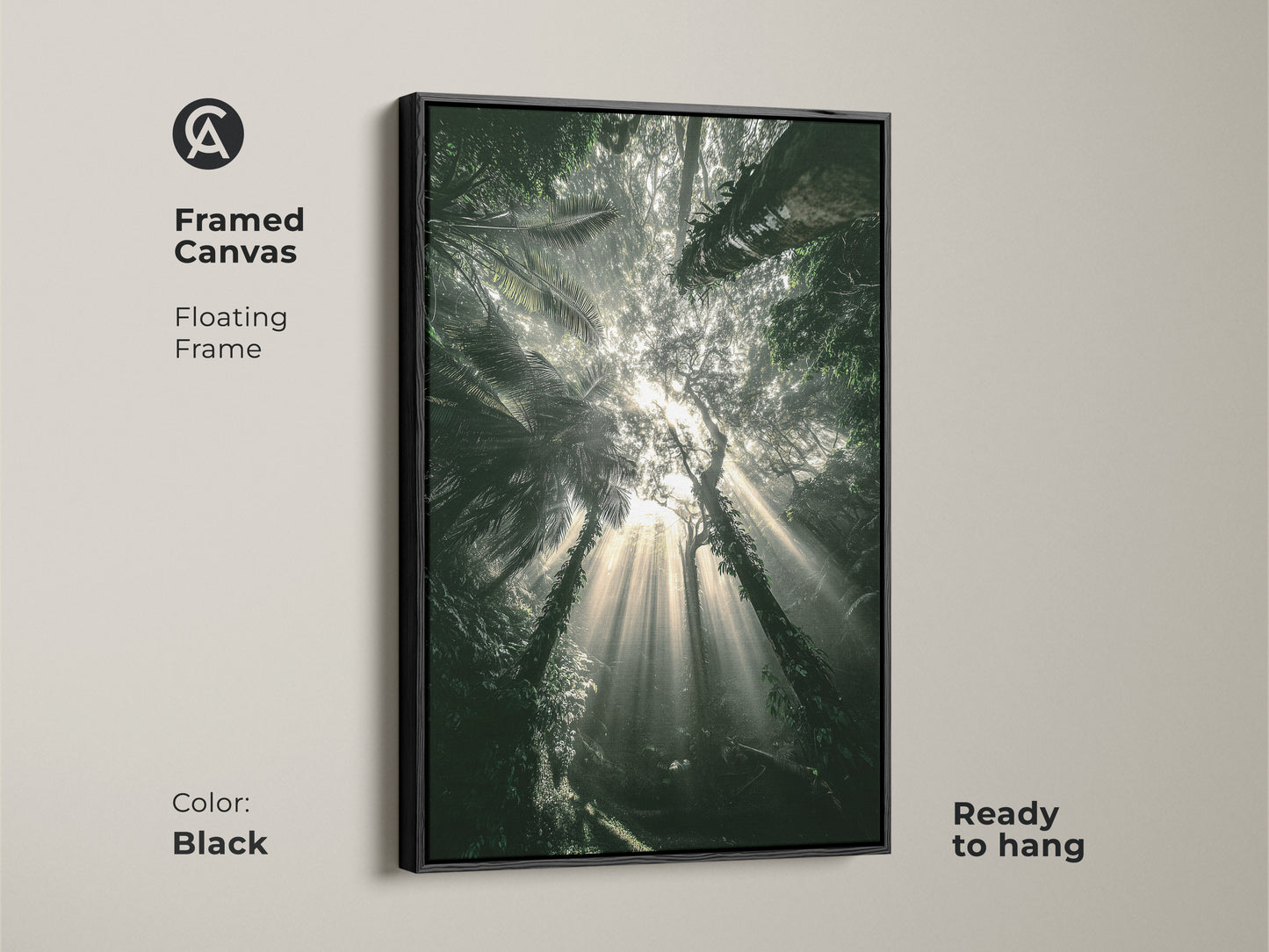 Framed canvas featuring an emerald forest wall decor. Black floating frame enhances the lush jungle wall hanging. Ready to hang and enjoy. This photorealistic forest scene is perfect for boho decor.