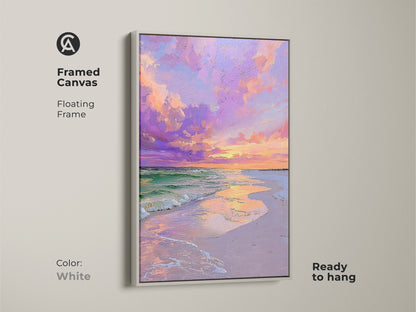 This framed canvas features ocean sunset artwork. This coastal beach wall art has a white floating frame. It's a pink and purple sky print perfect as living room art. The art is ready to hang for easy displaying.