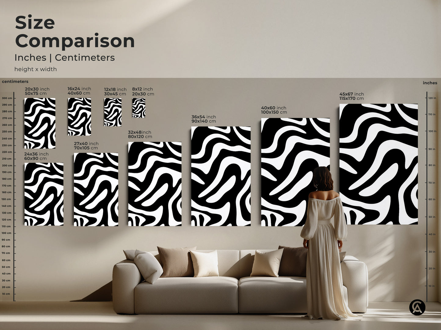 Size comparison of abstract zebra art prints. See how the canvas art fits above a sofa. Available in various sizes. Black and white art provides a modern touch to any living room.