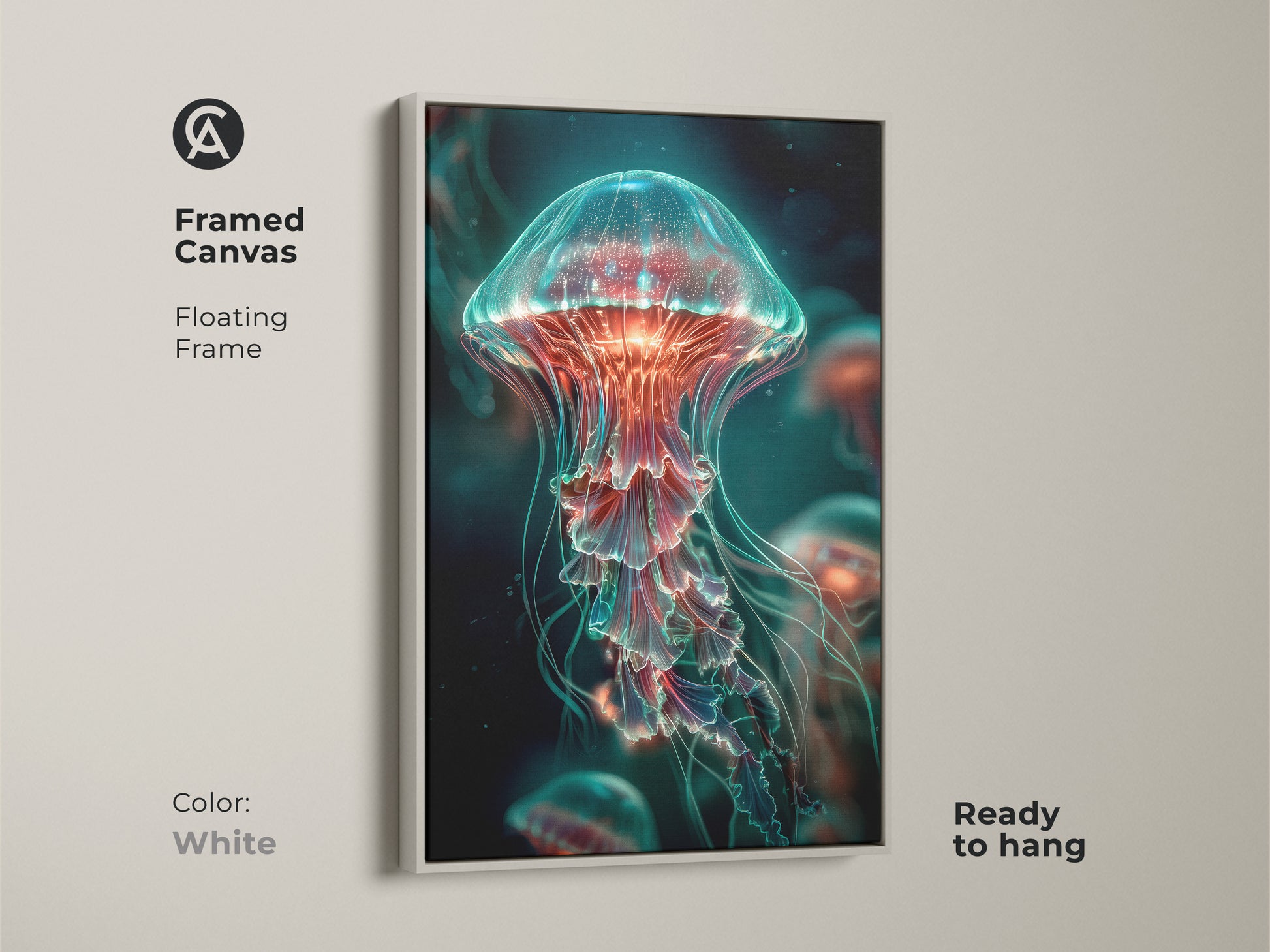 White framed canvas featuring jellyfish artwork. The floating frame gives a clean and modern look. Ready to hang it adds a fresh feel to any room. The white frame highlights the vibrant jellyfish art making it a standout piece.