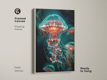 White framed canvas featuring jellyfish artwork. The floating frame gives a clean and modern look. Ready to hang it adds a fresh feel to any room. The white frame highlights the vibrant jellyfish art making it a standout piece.