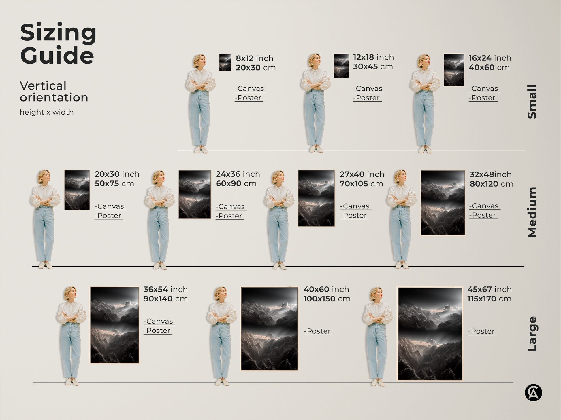 Sizing guide for abstract mountain line art canvas and poster prints. Visualize different sizes with a person for scale. The charcoal and pink clouds landscape fits various spaces. Select the ideal size for your minimalist home decor needs.
