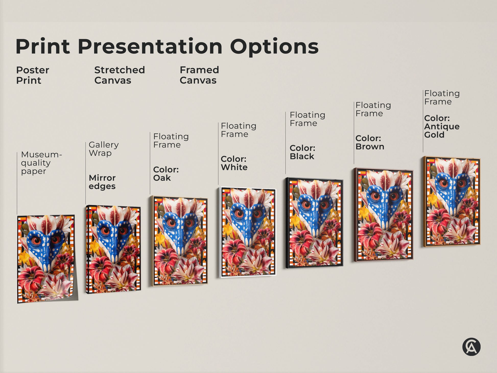 Explore various print presentation options for surreal mandrill face lily collage. Choose from poster prints and stretched canvas. Framed canvas in black brown white and oak are also available. Elevate your eclectic animal art now.