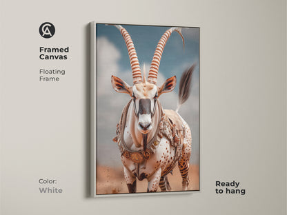 Framed desert oryx canvas art with white floating frame. Clean and modern design complements animal portrait. Ready to hang in any eclectic home. Sky blue accent enhances earthy brown tones. Perfect wildlife art piece.