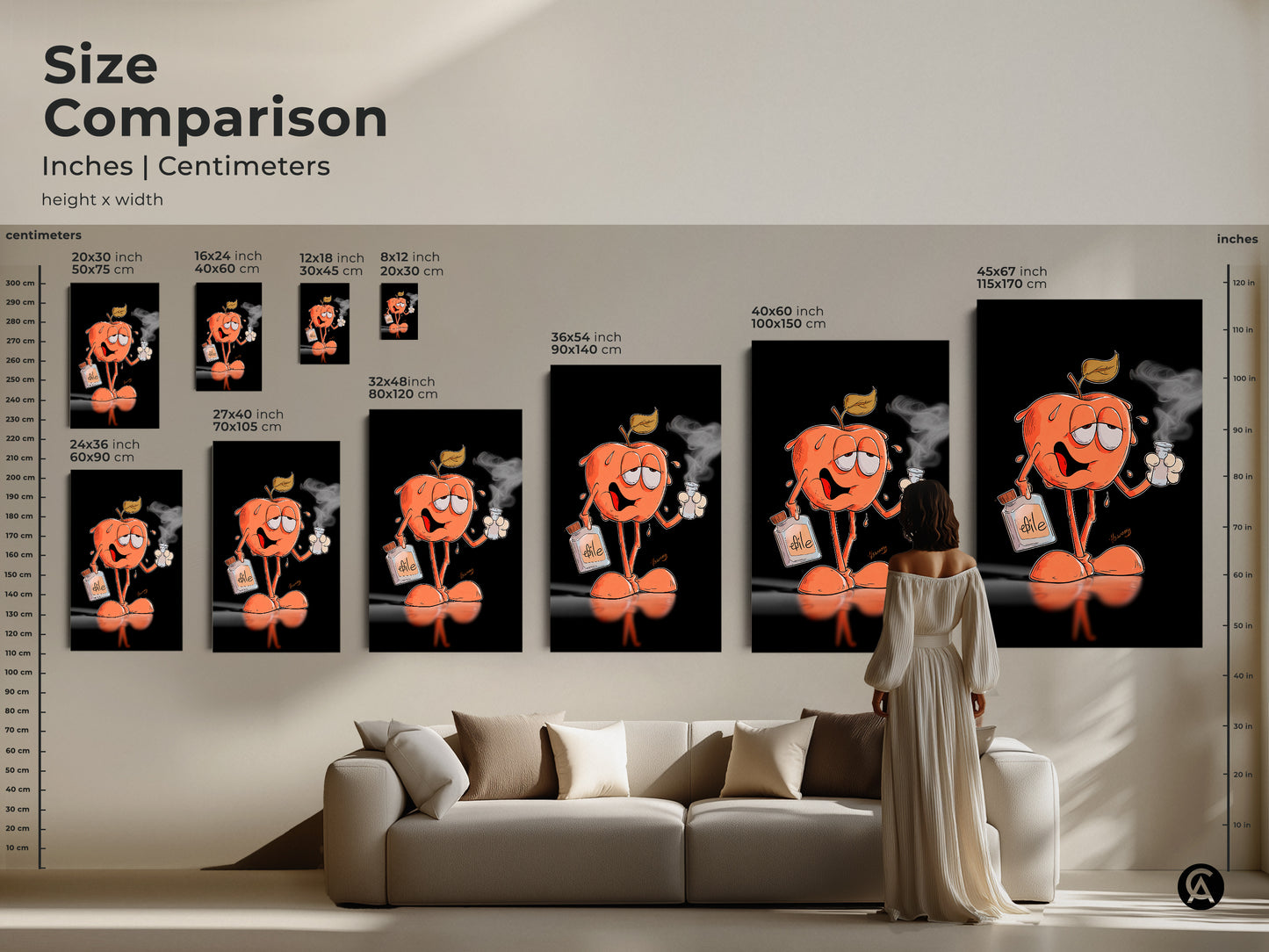Size comparison of art prints featuring a cartoon apple character. See how different sizes look above a sofa. Available in various dimensions this art is perfect for any room. Choose from canvas or poster prints to suit your decor.