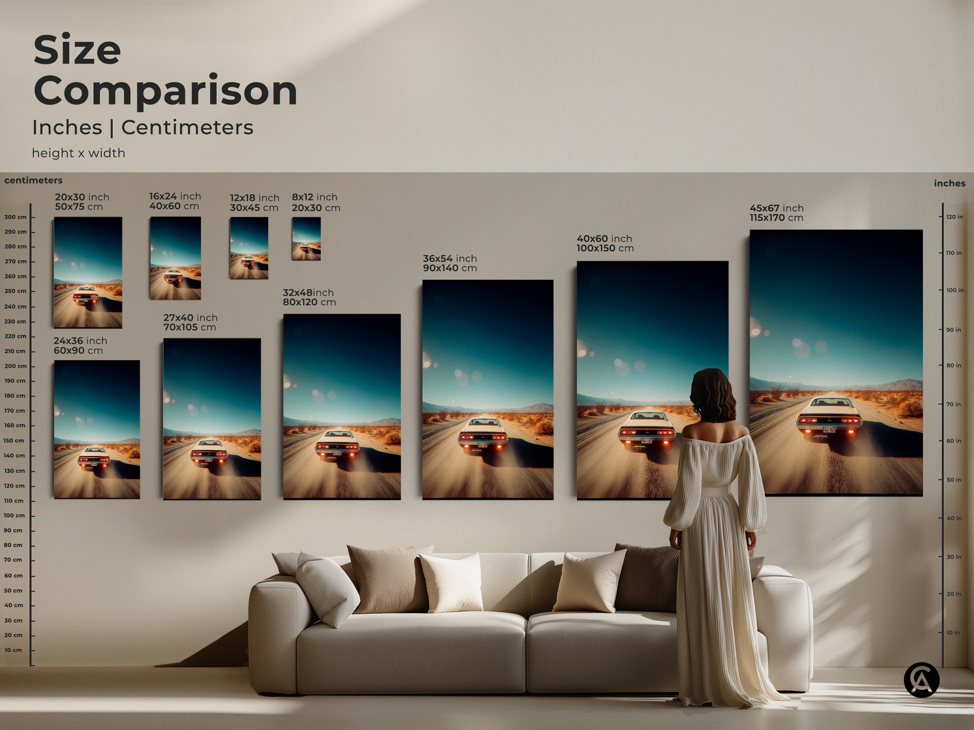 Size comparison of artwork in inches and centimeters. See how different sizes fit above a couch. Choose from sizes like 20x30 inches to 45x67 inches. Find the perfect artwork for your wall. This art is great for living room decor.