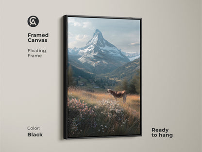 Enhance your decor with this framed canvas art featuring the Matterhorn. A black floating frame adds a touch of elegance. A serene cow stands in a wildflower meadow. This ready-to-hang artwork brings alpine beauty to any room. Order yours now