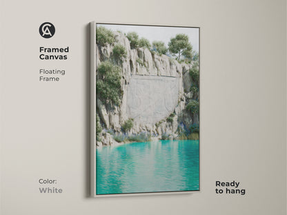 Framed canvas of a surreal cliff landscape in a white floating frame. This artwork features teal gray turquoise water and a fantasy nature carved stone cliff. Ready to hang eclectic home decor nature art. A perfect housewarming gift for travel enthusiasts and bohemian art lovers.