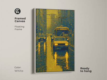 This framed canvas art captures a rainy city street with cars and a bus. The artwork is designed in blue and gold colors. The white floating frame creates a clean modern look. Ready to hang this artwork will enhance your home.