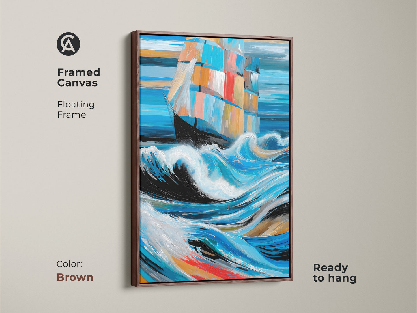 A framed canvas with a brown floating frame showcases abstract nautical art. The adventurous piece features a sailboat navigating stormy seas. This coastal artwork adds charm to any space ready to hang.