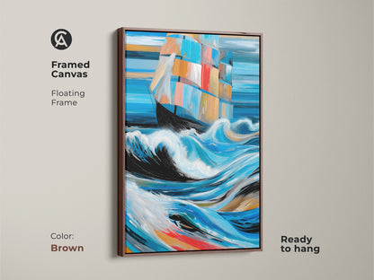 A framed canvas with a brown floating frame showcases abstract nautical art. The adventurous piece features a sailboat navigating stormy seas. This coastal artwork adds charm to any space ready to hang.