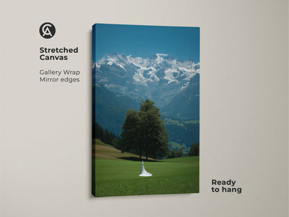 Stretched canvas of cinematic mountain bride art. The gallery wrap has mirrored edges. This fine art landscape canvas is ready to hang. Features nature artwork perfect for a wedding gift. The blue green wall art adds scenic beauty. Contemporary print inspired by outdoor travels. Bridal gown and mountains art.