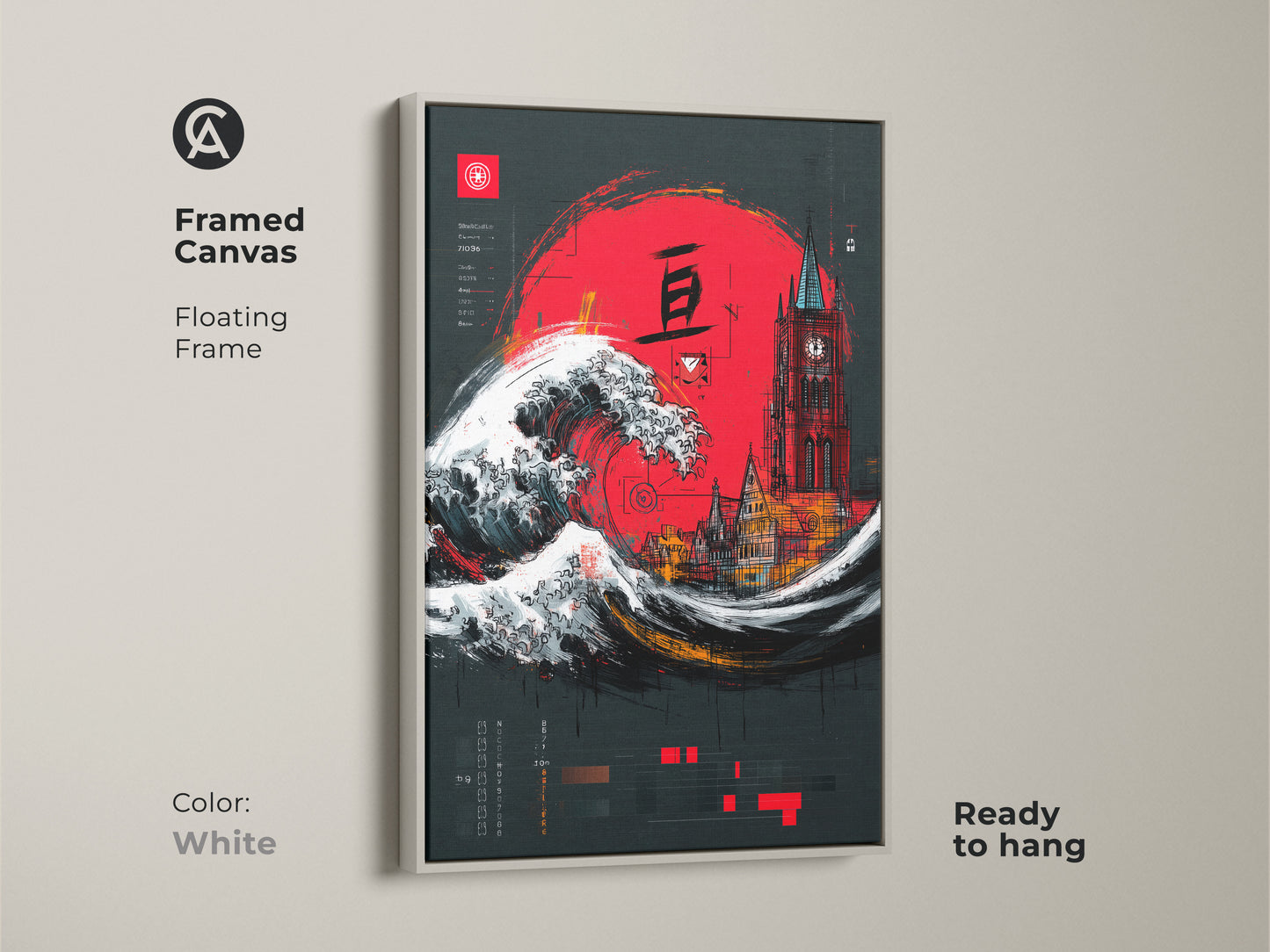 Framed canvas art displaying a Crimson Red Ukiyo-e Wave & Gothic Tower artwork. It is ready to hang with a floating white frame. The Japanese cityscape wall art showcases a bright red sun. This eclectic artwork adds a touch of drama to any space or office.