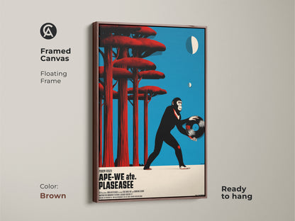 Framed canvas with a floating frame showing a retro chimpanzee. The ape is holding a vinyl record. This art has eclectic blue red and black colors. This animal music art print is ready to hang. Ideal for a studio or office. Brown frame.