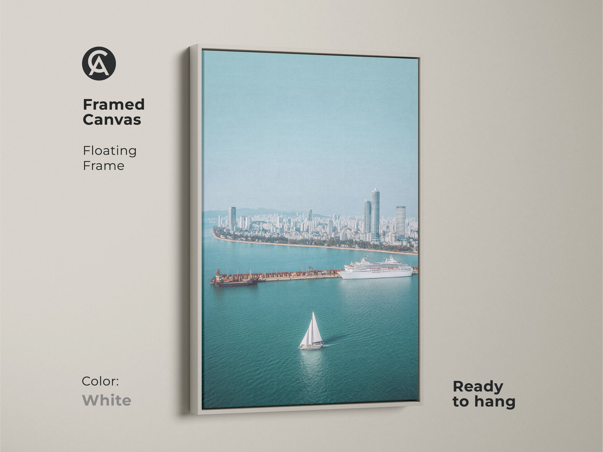 Framed Canvas art with a floating white frame. Aerial cityscape featuring a sailboat and cruise ship. Modern photography print is perfect as a housewarming gift art.
