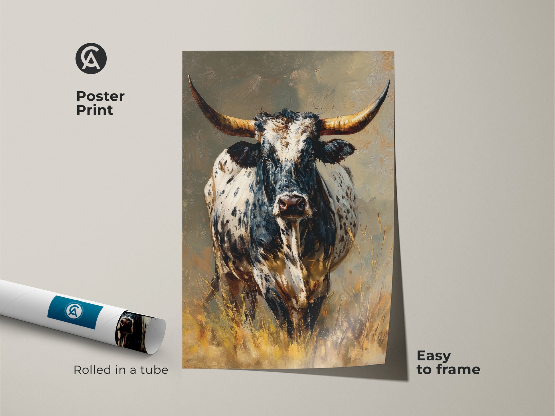 Longhorn Bull poster print. This black and white animal artwork is easy to frame. Rolled in a tube for protection. The rustic western wall decor suits any style. Perfect for farmhouse home decor. It captures the essence of a Texas longhorn. Great for cowboy enthusiasts. The impressionistic art makes a statement.
