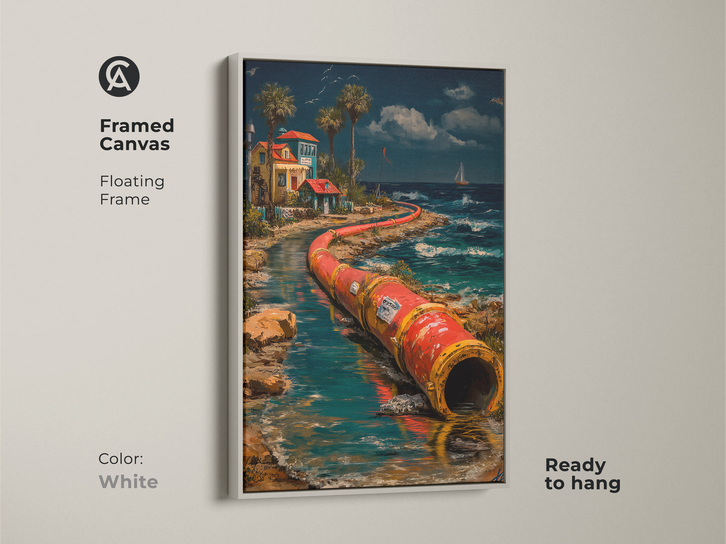 This framed canvas displays surreal industrial pipeline wall art. The coastal home decor art print is in a white floating frame ready to hang. This red orange teal artwork is a perfect eclectic wall decor idea.